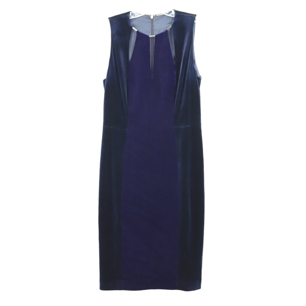 Elie Tahari Sleeveless Velvet Holiday Dress Deep Blue 3 Silver Bars on Neck